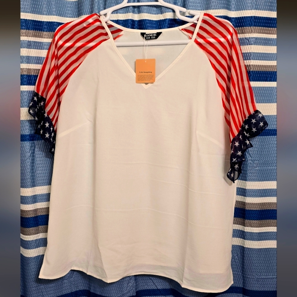 BloomChic Patriotic Top with Red White Striped Sleeves And Stars Too